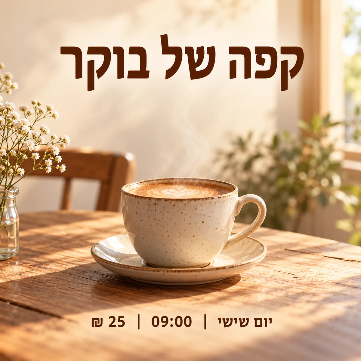 פוסטר הדוגמה כפי שנוצר: קפה של בוקר, יום שישי, 09:00, 25 שקלים
