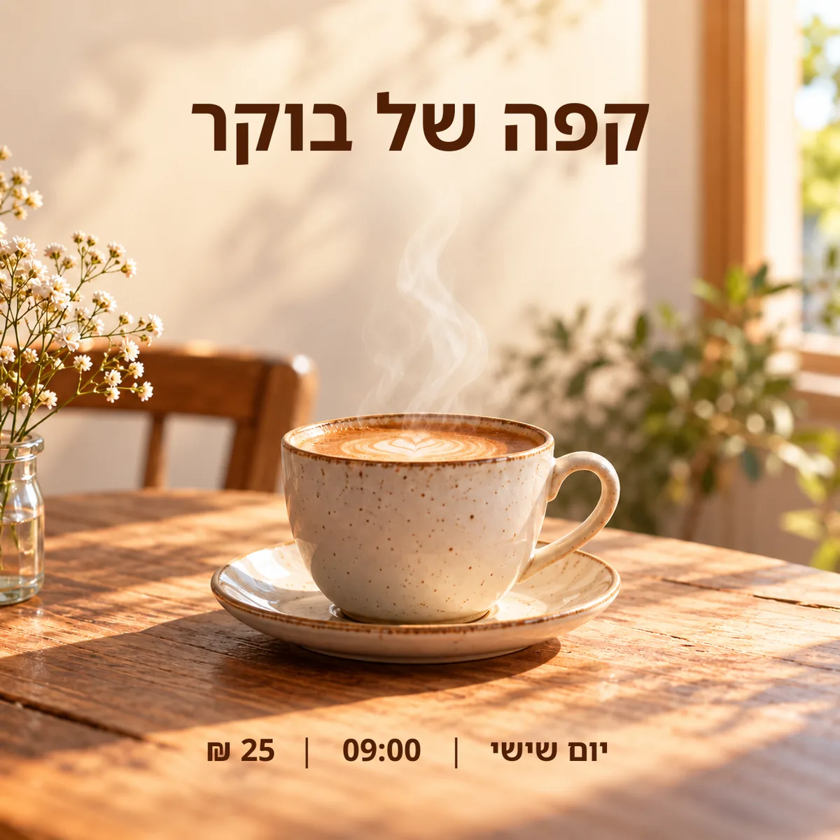 הגרסה עם שכבות מלל רגילות: קפה של בוקר. יום שישי, 09:00, 25 שקלים