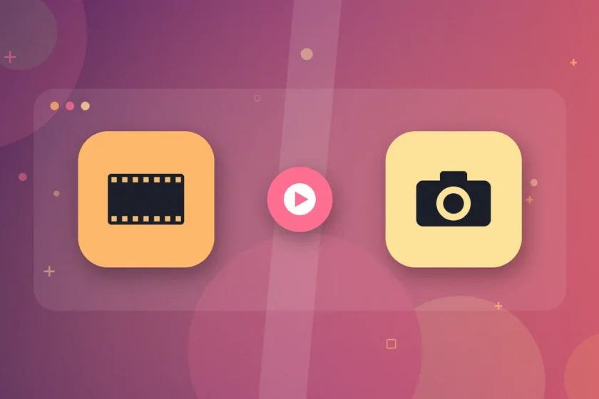 Illustration: a film strip and a camera on either side of a play button on a pink and orange background