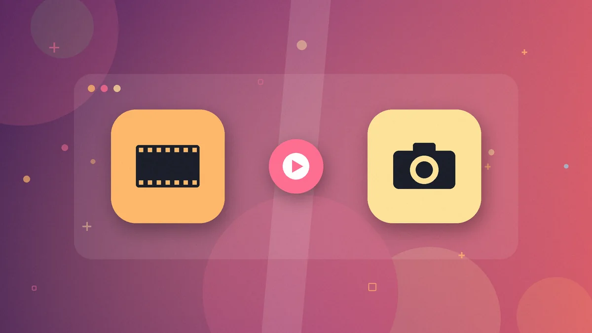 Illustration: a film strip and a camera on either side of a play button on a pink and orange background