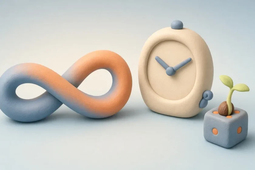 Clay illustration of an elliptic-curve ribbon, a wall clock and a seed sprouting from a die, representing the origin of encryption curve seeds