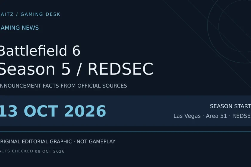Editorial news brief for Battlefield 6 Season 5: October 13, 2026; Las Vegas · Area 51 · REDSEC