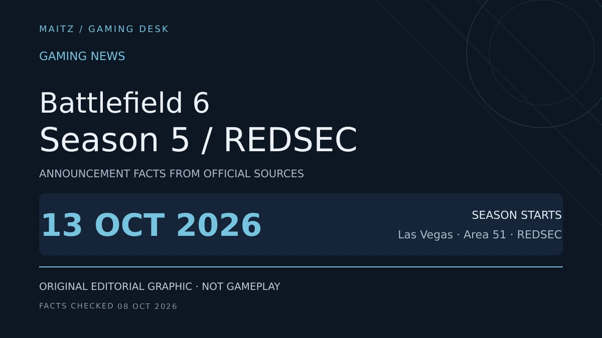 Editorial news brief for Battlefield 6 Season 5: October 13, 2026; Las Vegas · Area 51 · REDSEC