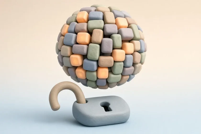 Reflection Beam: a clay sphere made of many small blocks above an unlocked padlock