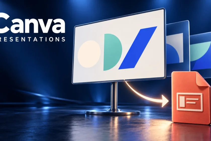 Editorial illustration of a Canva presentation exported to a presentation file