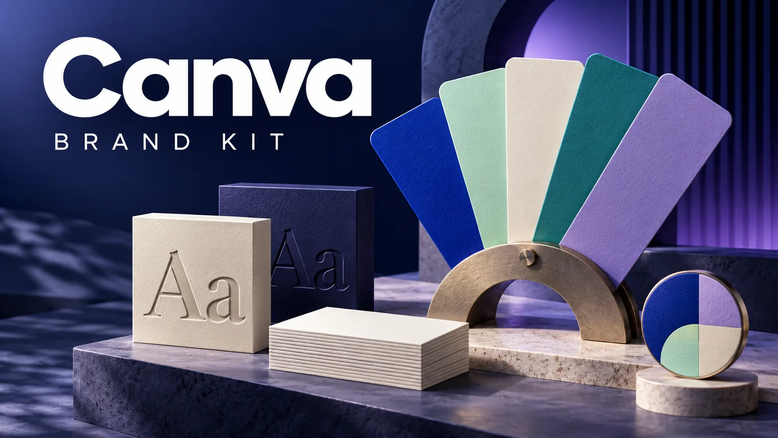 Editorial illustration of a Canva Brand Kit with color swatches, typography and stationery