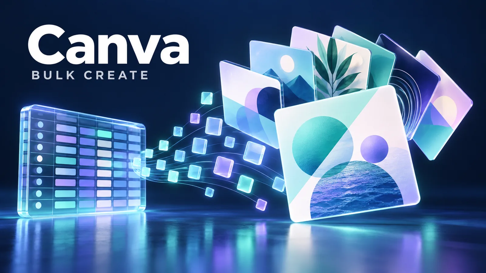 Canva Bulk Create illustration connecting a spreadsheet to a series of design cards