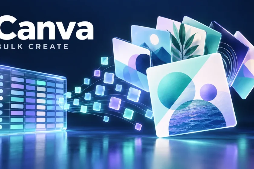 איור Canva Bulk Create עם טבלה המחוברת לסדרת כרטיסי עיצוב