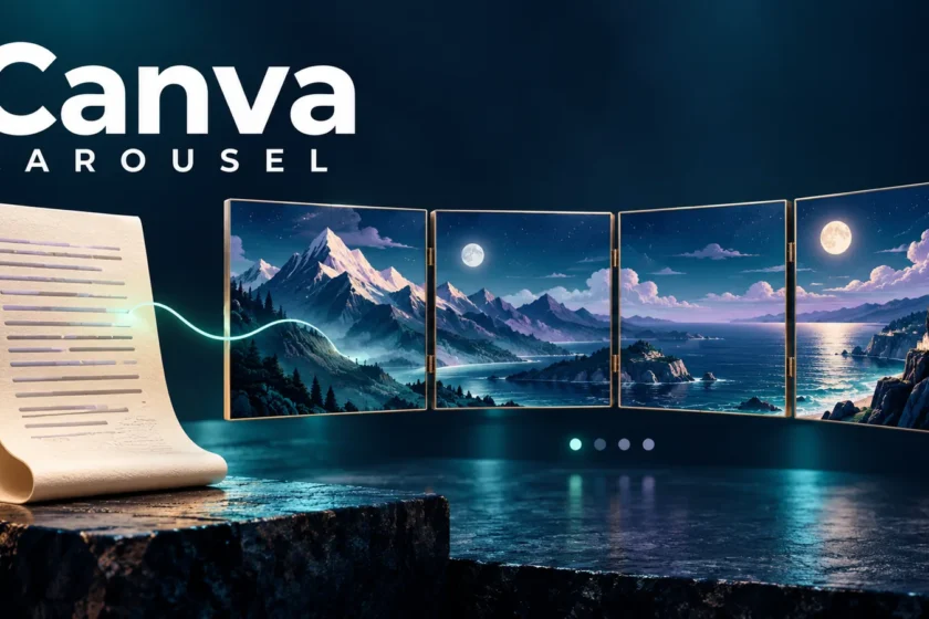 Editorial illustration of written text becoming a connected Canva carousel