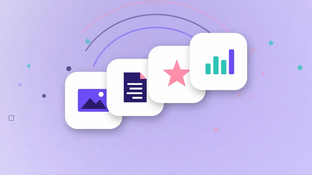 Illustration: a stack of cards with an image, a document, a star and a bar chart on a light purple background
