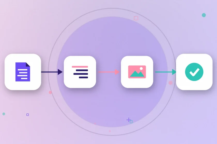 Illustration: a document passing through right-to-left text lines to an image card and a check mark, representing a carousel import and file export