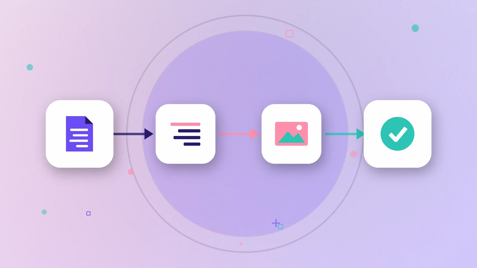 Illustration: a document passing through right-to-left text lines to an image card and a check mark, representing a carousel import and file export