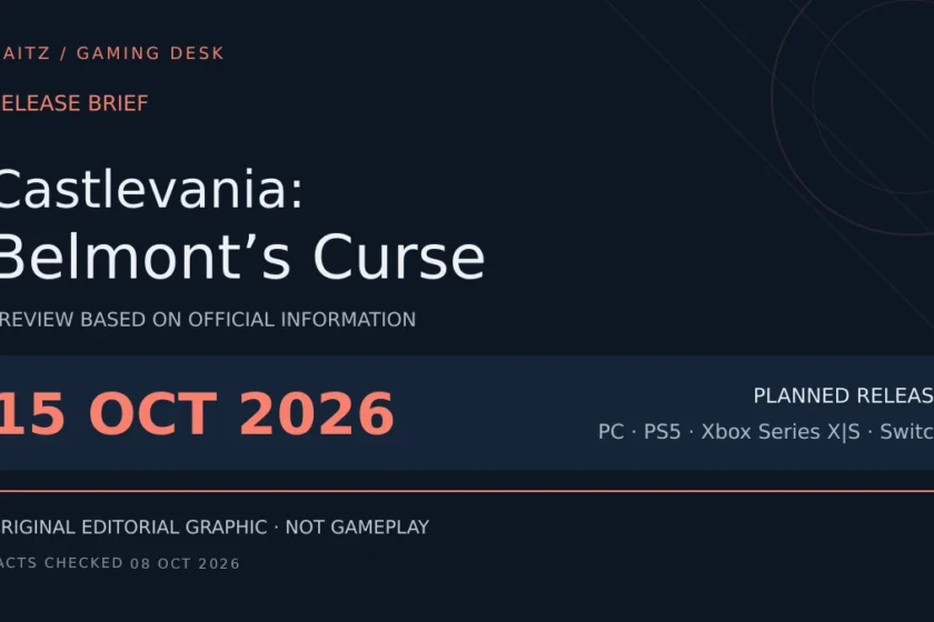 Editorial release brief for Castlevania: Belmont’s Curse: October 15, 2026; PC · PS5 · Xbox Series X|S · Switch