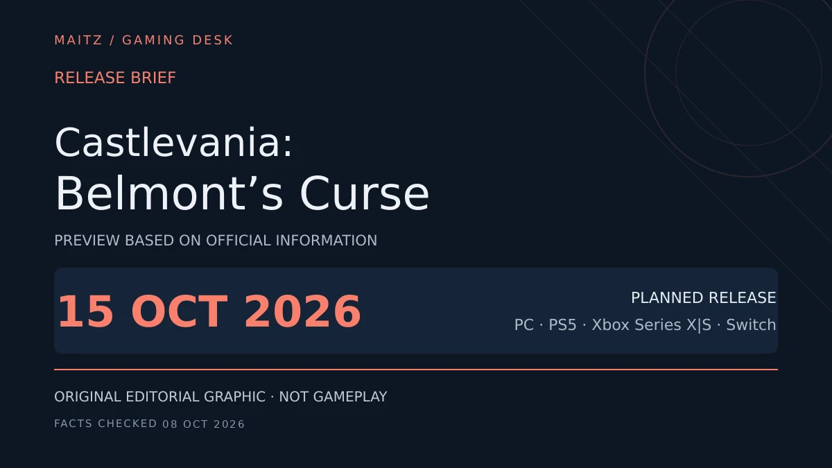 Editorial release brief for Castlevania: Belmont’s Curse: October 15, 2026; PC · PS5 · Xbox Series X|S · Switch