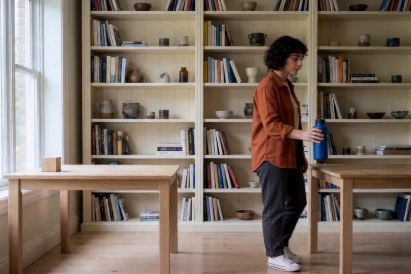 Fictional woman holding a blue bottle in a continuity-test transition frame.