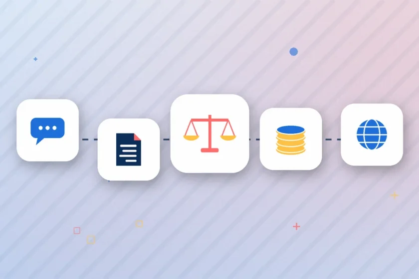 Illustration: chat, document, balance scale, coin stack and globe tiles in a row on a light blue background