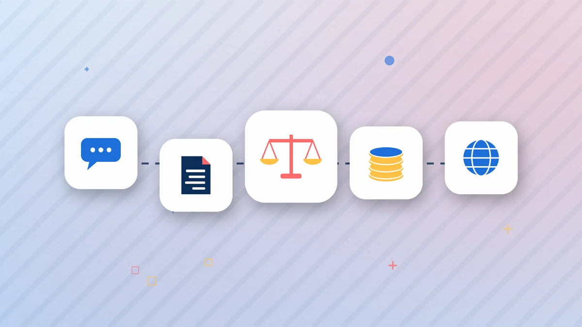 Illustration: chat, document, balance scale, coin stack and globe tiles in a row on a light blue background
