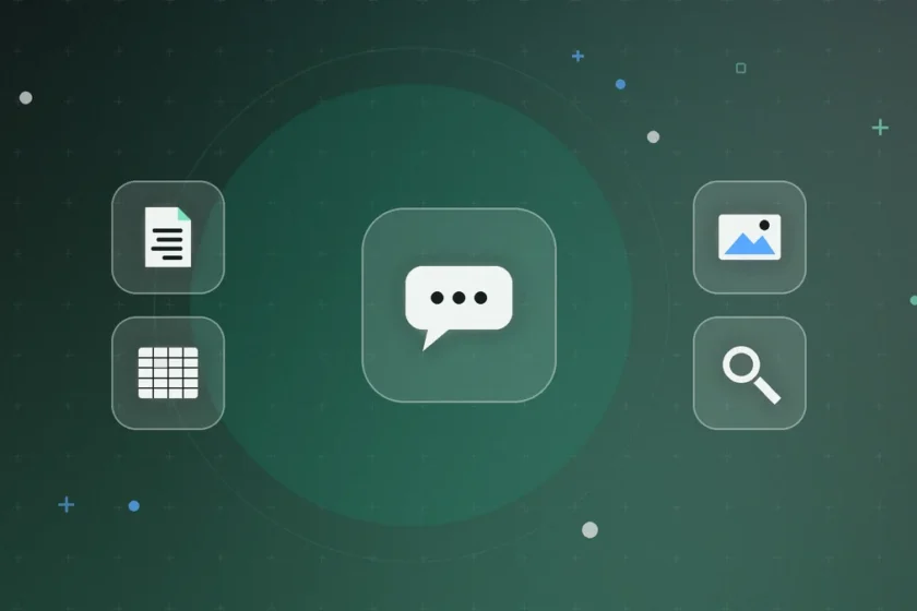Illustration: a chat bubble at the center, surrounded by a document, a spreadsheet, an image and a magnifying glass on a dark green background