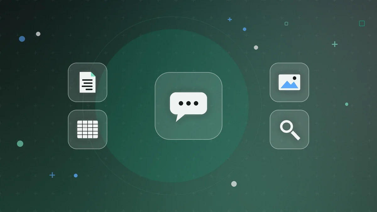 Illustration: a chat bubble at the center, surrounded by a document, a spreadsheet, an image and a magnifying glass on a dark green background