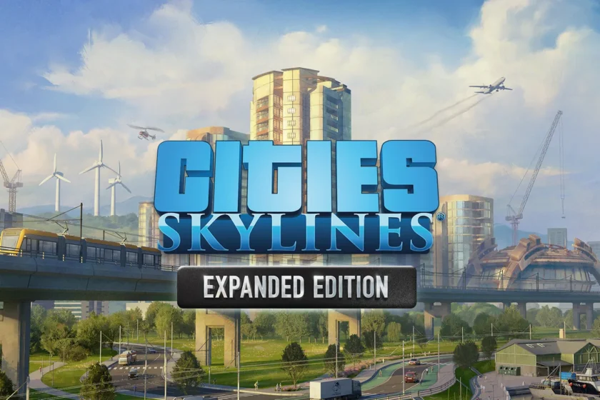 The Cities: Skylines Expanded Edition logo over a city with towers, elevated rail, cranes and wind turbines.