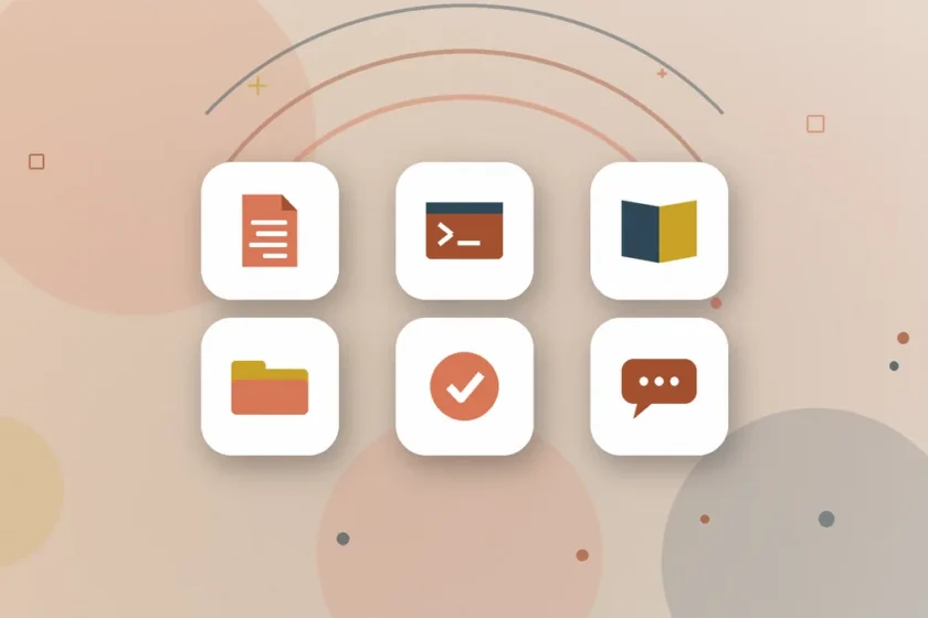 Illustration: six cards on a light warm background with a document, a terminal, a book, a folder, a check mark and a chat bubble