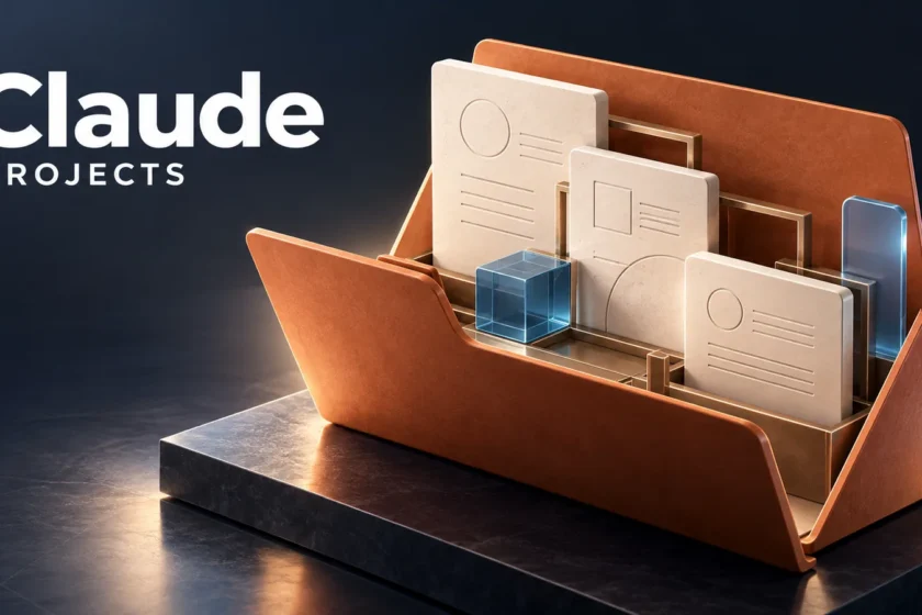 Editorial illustration of an organized folder of reference documents and reusable context in Claude Projects