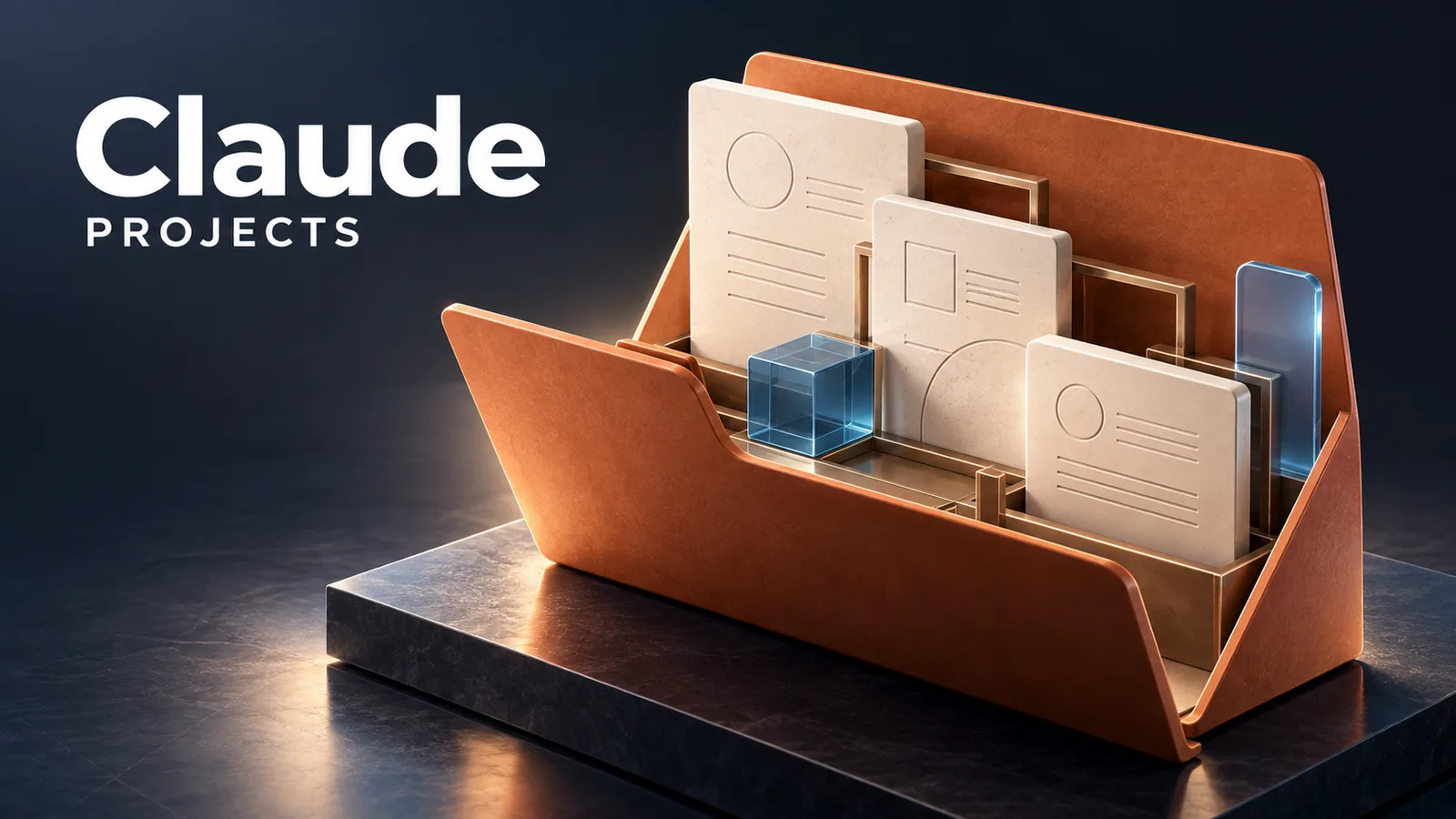 Editorial illustration of an organized folder of reference documents and reusable context in Claude Projects