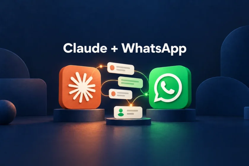 Claude and WhatsApp illustration with orange and green symbols connected by message cards