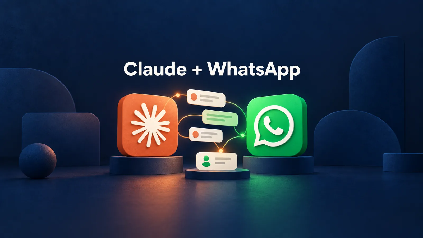 איור Claude ו־WhatsApp עם סמלים כתומים וירוקים וכרטיסי הודעות ביניהם