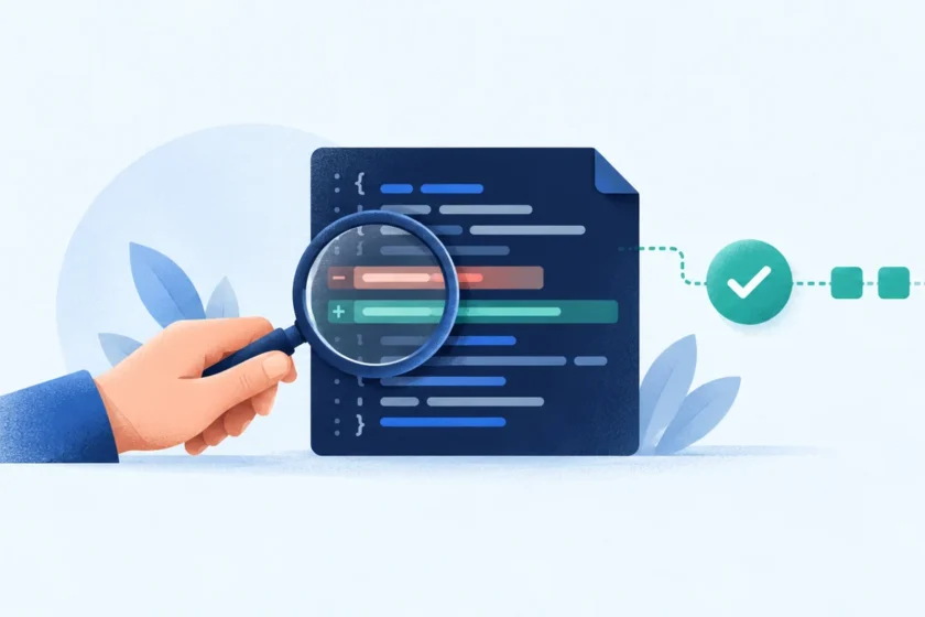 Illustration: a hand holds a magnifier over a small code change, beside a checkmark and test indicators.