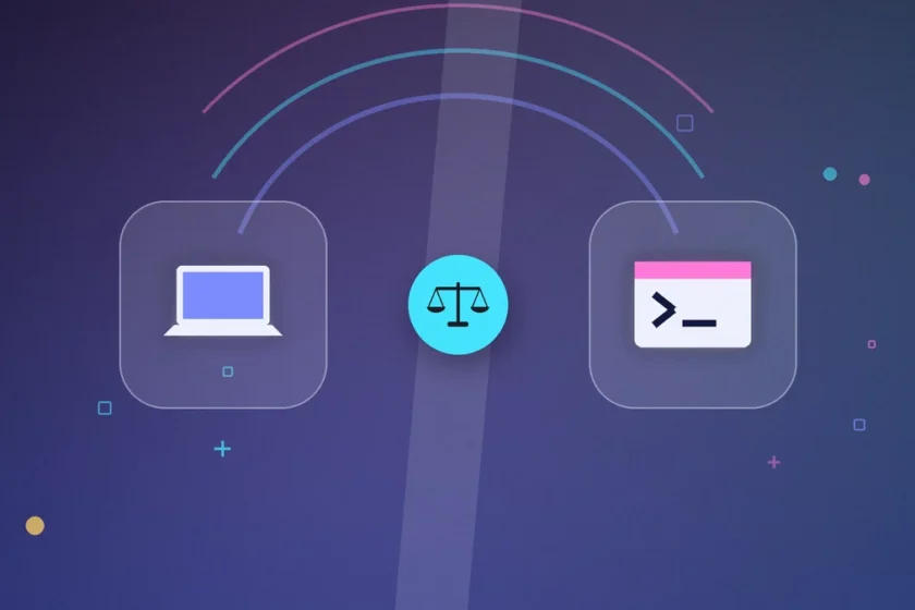 Illustration: a laptop tile and a terminal window tile on either side of a balance scale, on a dark blue background