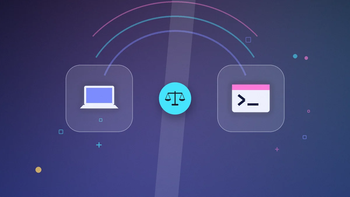 Illustration: a laptop tile and a terminal window tile on either side of a balance scale, on a dark blue background