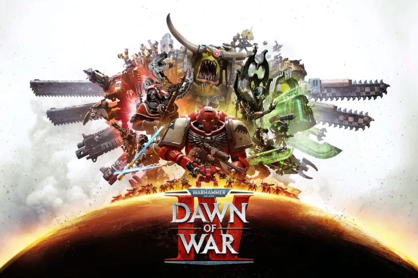 איור הקידום הרשמי של Dawn of War IV עם ארבעת הפלגים ולוגו המשחק