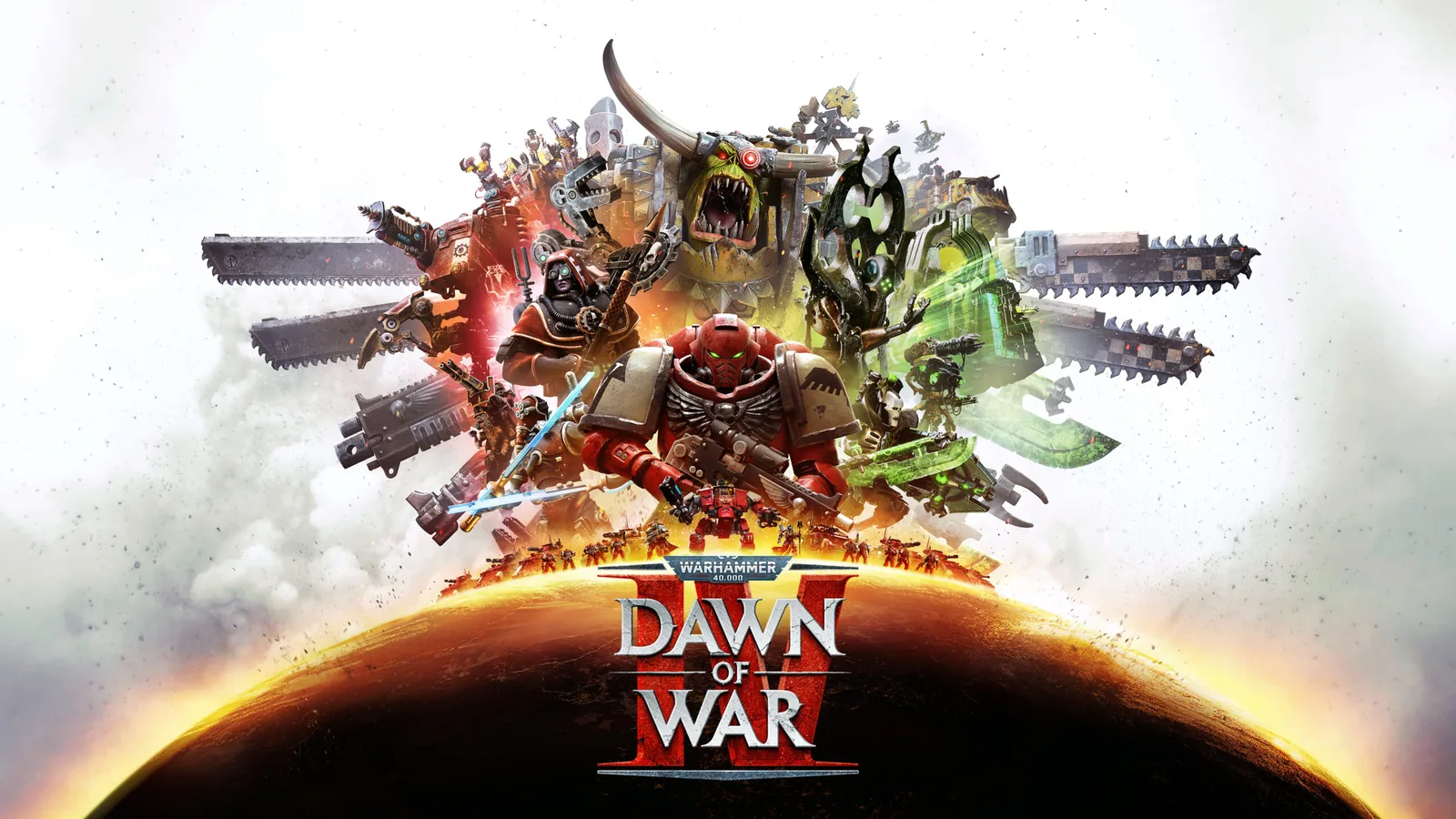 איור הקידום הרשמי של Dawn of War IV עם ארבעת הפלגים ולוגו המשחק