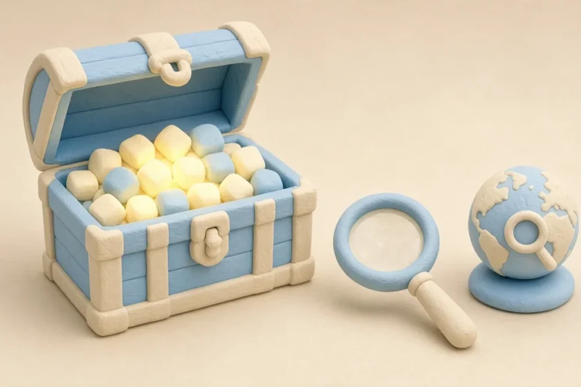Clay illustration of an open treasure chest of glowing cubes with a magnifying glass and a globe, for the DeepSeek V4.1 Flash update