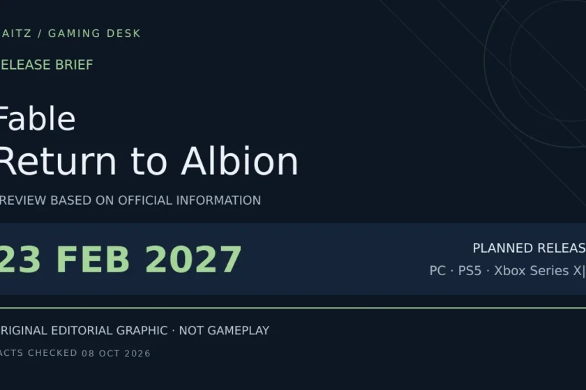 Editorial release brief for Fable: February 23, 2027; PC · PS5 · Xbox Series X|S