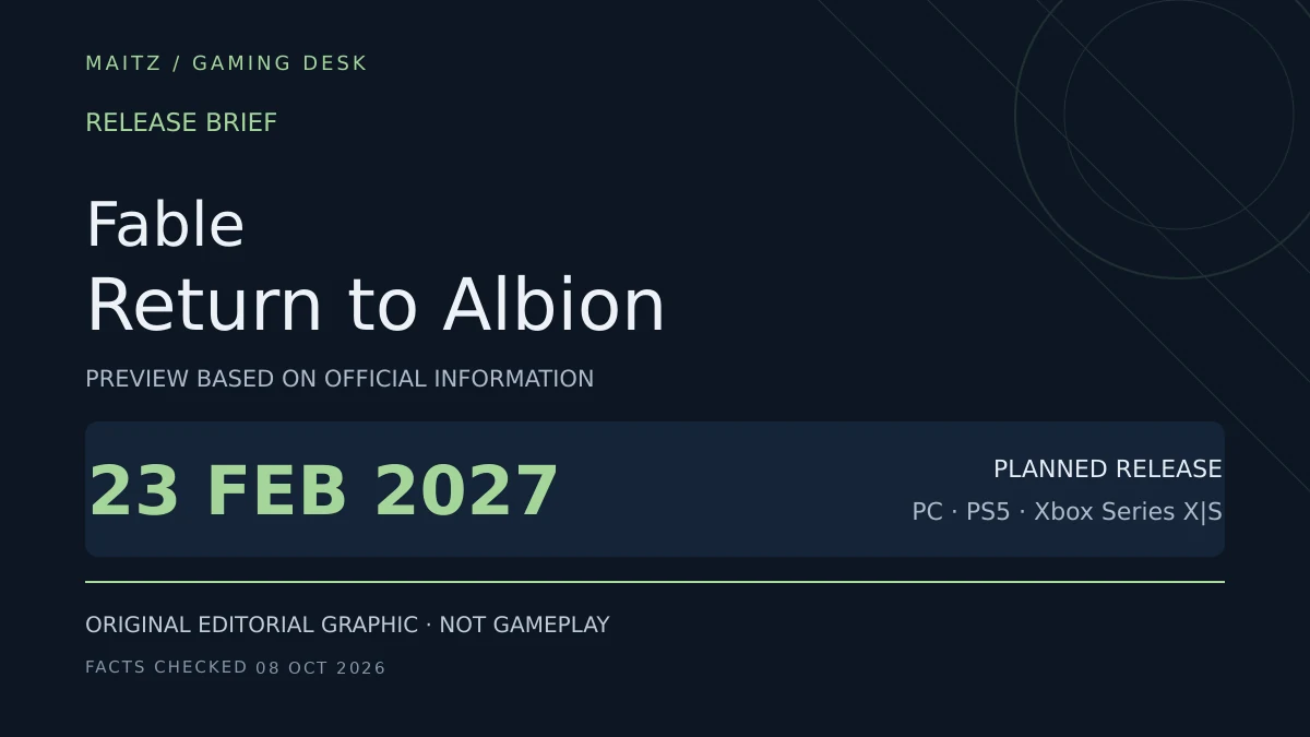 Editorial release brief for Fable: February 23, 2027; PC · PS5 · Xbox Series X|S