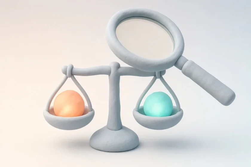 Soft clay-3D magnifying glass and balance scale above two glowing abstract AI orbs