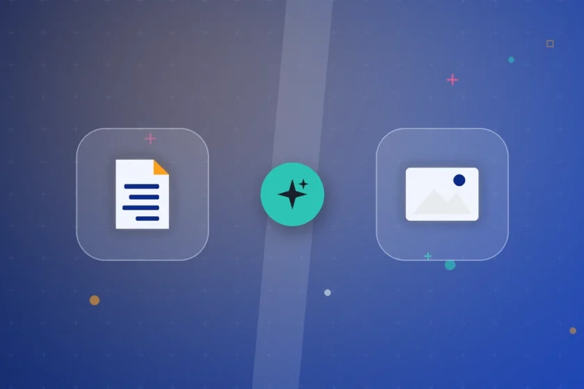 Illustration for Gamma vs Canva: a document icon on the left and an image icon on the right with an AI sparkle in the center on a blue background