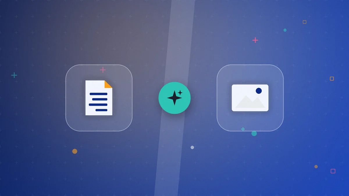 איור להשוואת Gamma מול Canva: מסמך משמאל ותמונה מימין עם סמל AI במרכז על רקע כחול