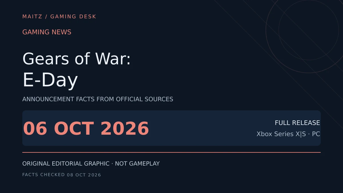 Editorial news brief for Gears of War: E-Day: October 6, 2026; Xbox Series X|S · PC
