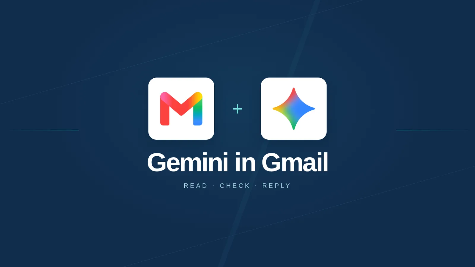 Official Gmail and Gemini icons in a navy Maitz editorial composition, titled Gemini in Gmail.