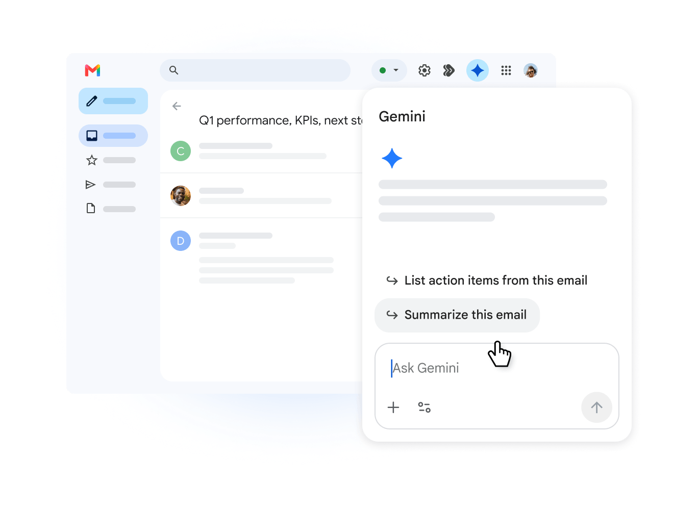 Official Google product illustration of the Gemini side panel in Gmail with the Summarize this email suggestion.