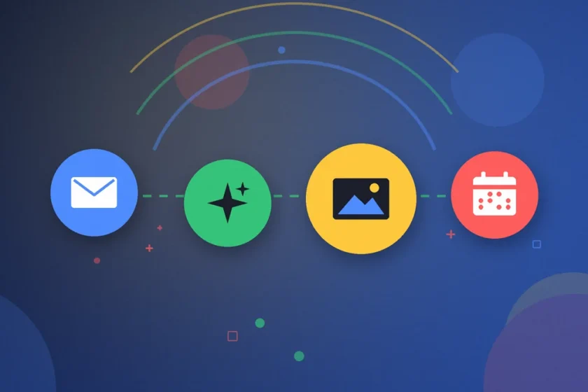 Illustration: a row of four colorful circles with an envelope, a sparkle, an image and a calendar, joined by a dashed line on a blue background