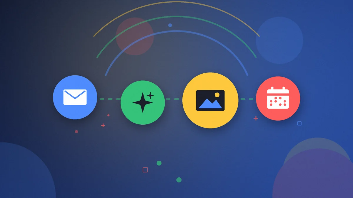 Illustration: a row of four colorful circles with an envelope, a sparkle, an image and a calendar, joined by a dashed line on a blue background