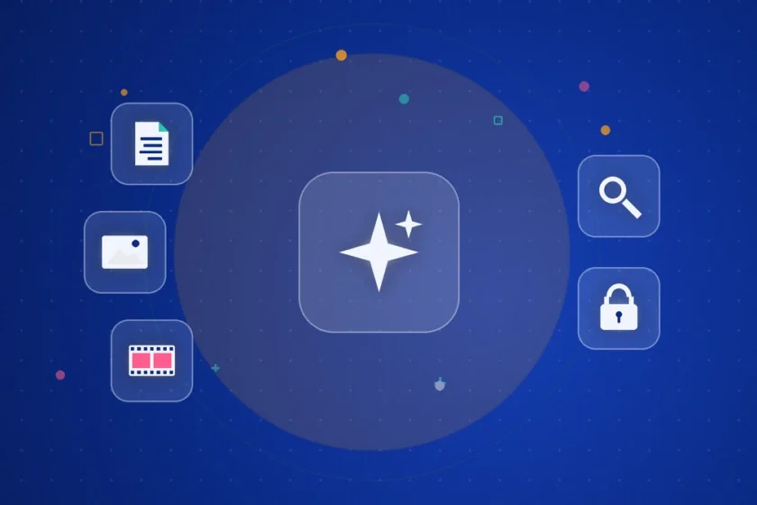Illustration: a sparkle icon at the center of a circle, surrounded by tiles for a document, an image, a film strip, a magnifying glass and a padlock on a blue background
