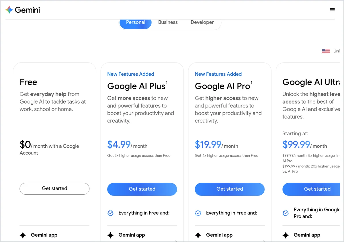 Screenshot of Google's US Gemini subscriptions page showing Free, Google AI Plus at $4.99, Google AI Pro at $19.99 and Google AI Ultra from $99.99 per month