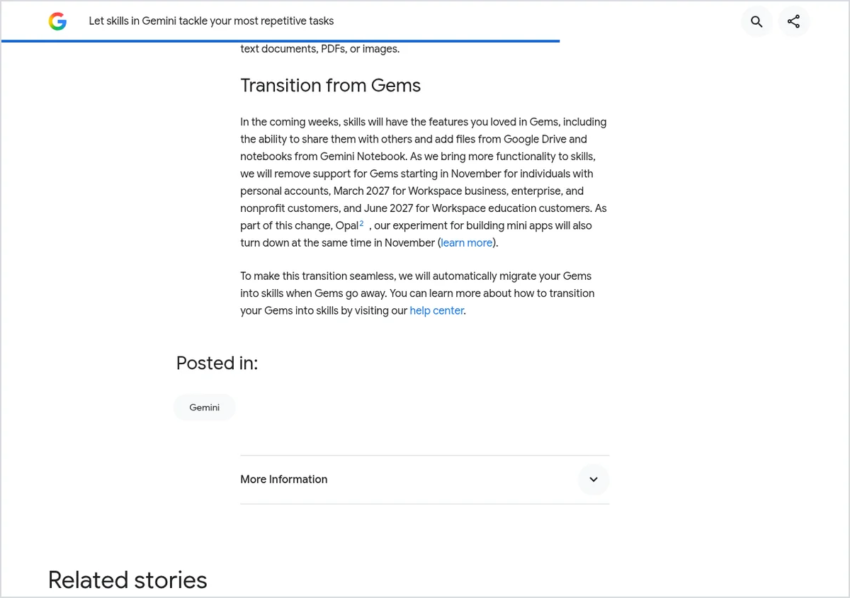צילום מסך מהבלוג הרשמי של Google, מקטע Transition from Gems: התמיכה ב־Gems מוסרת בנובמבר לחשבונות אישיים, במרץ 2027 ל־Workspace עסקי וביוני 2027 לחינוך