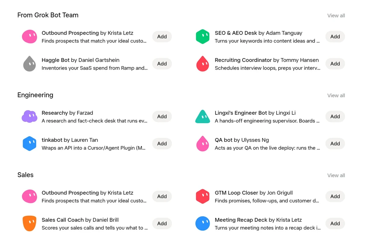 Screenshot of the official Grok Bot Marketplace page, with cards for ready-made bot packages