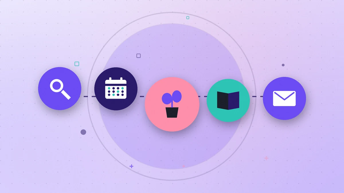 Illustration: five circles in a row, each holding a different tool: a magnifying glass, a calendar, a plant pot, a book and an envelope